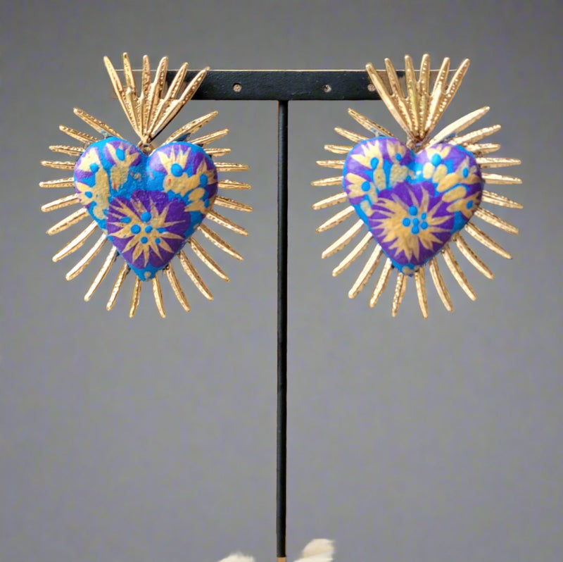 Blue heart/Purple flower earrings