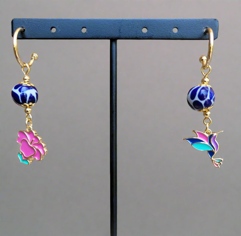 Blue Humming bird and🌸 earrings