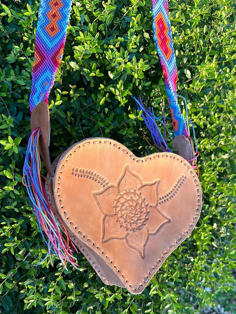 Leather heart purse with multicolor strap