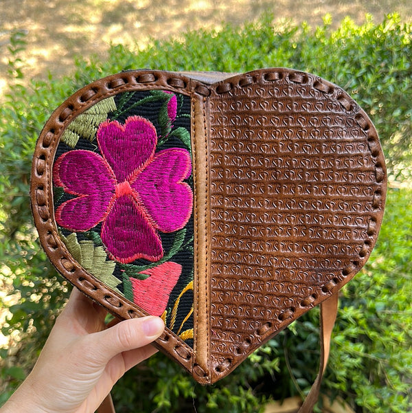 Embroidered heart leather purse